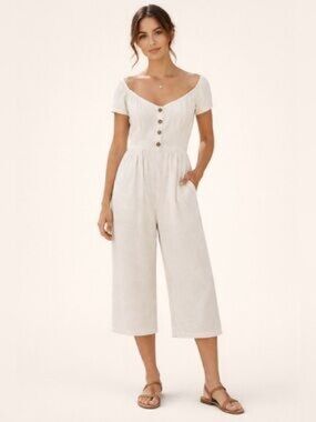 American Eagle Outfitters Cream Short-Sleeve Button-Front Wide-Leg Jumpsuit